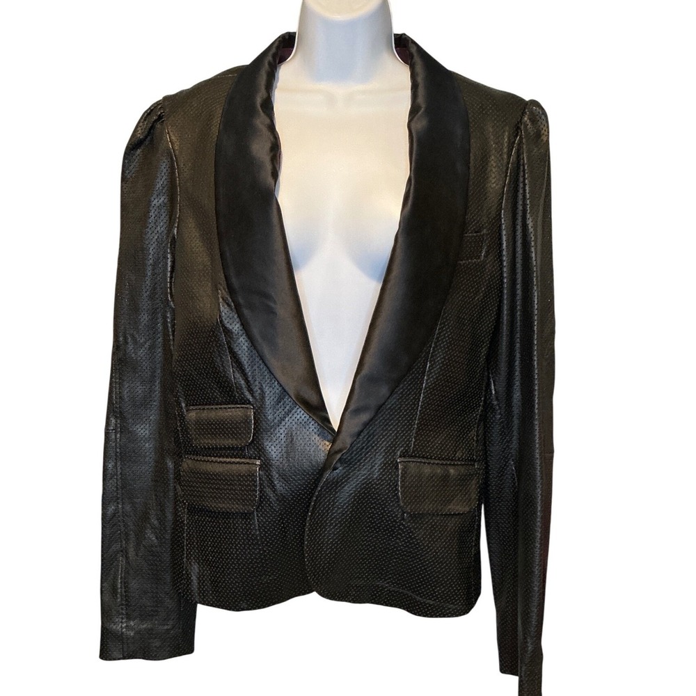 DDC LAB Womens Black‎ Perforated Lamb Skin Leather Jacket Sz L Shawl Collar